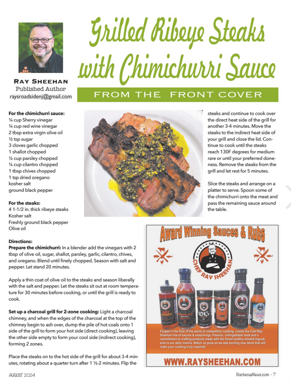 Chef Ray Sheehan’s Grilled Ribeye Steaks with Chimichurri Sauce: Featured in Barbecue News Magazine August 2024 Issue