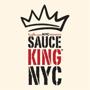 Sauce King NYC logo with crown graphic, bold black and red text, barbecue competition theme