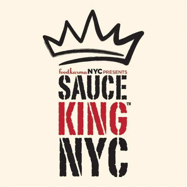 Sauce King NYC logo with crown graphic, bold black and red text, barbecue competition theme