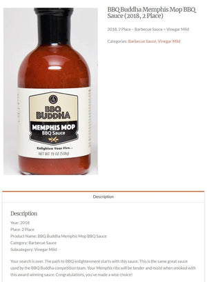 BBQ Buddha Memphis Mop BBQ Sauce bottle with beige label, award-winning barbecue sauce