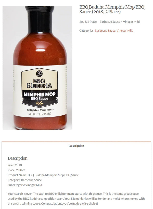 BBQ Buddha Memphis Mop BBQ Sauce bottle with beige label, award-winning barbecue sauce