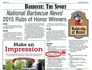 Newspaper page listing 2015 Rubs of Honor barbecue competition winners, highlighting BBQ Buddha's Belly Rub for chicken.