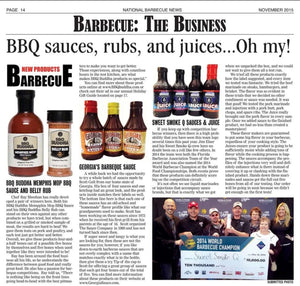Barbecue business magazine page featuring BBQ sauces, rubs, Chef Ray Sheehan, and award winners