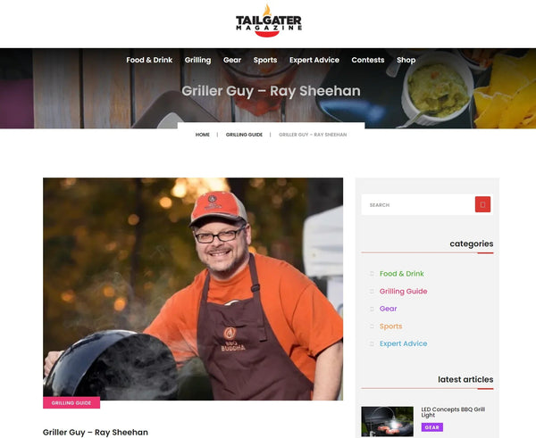 Chef Ray Sheehan grilling outdoors in BBQ Buddha apron for Tailgater Magazine article