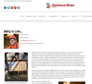 Barbecue News Magazine article titled 'BBQ is Life' featuring Ray Sheehan, BBQ expert, and a smiling portrait in chef attire.