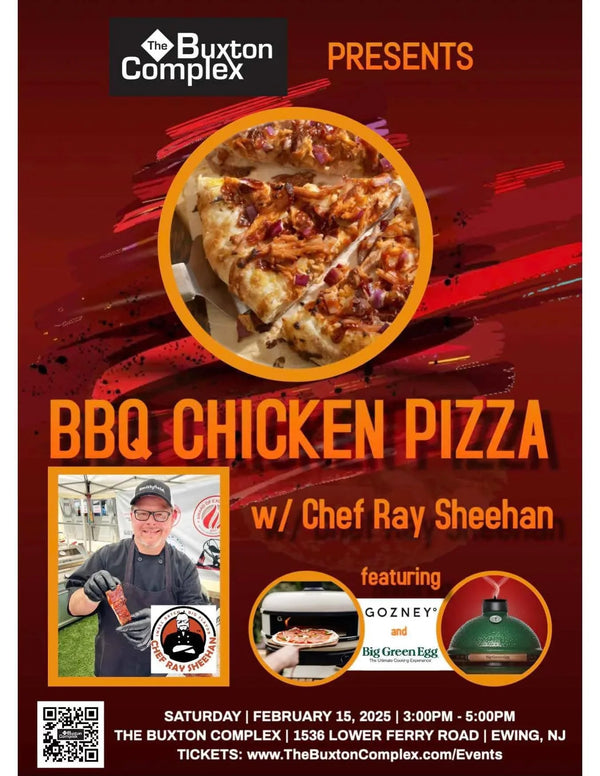 BBQ chicken pizza event flyer with Chef Ray Sheehan, held at The Buxton Complex, featuring close-up of pizza and chef, for CHEF RAYS LLC.
