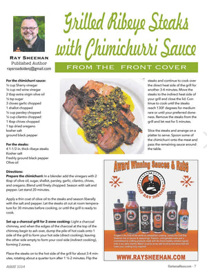 Magazine page featuring Ray Sheehan’s Grilled Ribeye Steaks with Chimichurri Sauce recipe, product ad, and photo of grilled steak, highlighting Chef Rays LLC award-winning sauces and BBQ inspiration.