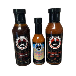 Chef Ray Sheehan Kansas City BBQ Sauce, Jersey Heat Hot Sauce, and Memphis Mop BBQ Sauce bottles