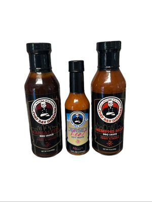 Chef Ray Sheehan Kansas City BBQ Sauce, Jersey Heat Hot Sauce, and Memphis Mop BBQ Sauce bottles