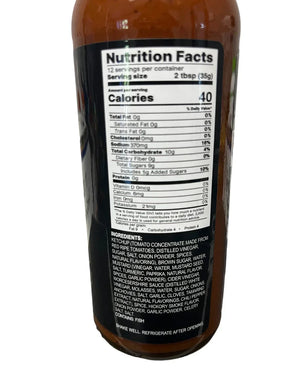 Chef Rays BBQ sauce bottle with visible nutrition facts and ingredients label.