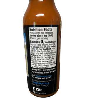 Chef Rays LLC barbecue sauce bottle label showing nutrition facts and contact info