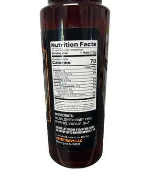 Chef Rays LLC honey chili sauce bottle showing nutrition facts and ingredients label.
