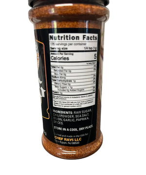 Chef Rays LLC barbecue seasoning bottle showing nutrition facts and ingredient list