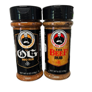 Chef Ray Sheehan OG BBQ Rub and Beef Rub seasoning bottles, 6 oz each, front view.