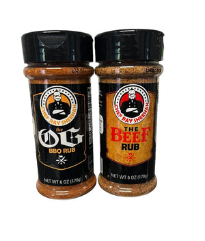 Chef Ray Sheehan OG BBQ Rub and Beef Rub seasoning bottles, 6 oz each, front view.