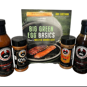 Chef Ray Sheehan barbecue sauces, rubs, and Big Green Egg Basics grilling book display