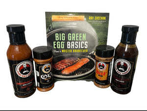 Chef Ray Sheehan barbecue sauces, rubs, and Big Green Egg Basics grilling book display