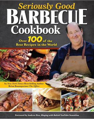 Cover of the Seriously Good Barbecue Cookbook with ribs, pulled pork sandwich, grilled meats, and author in apron.