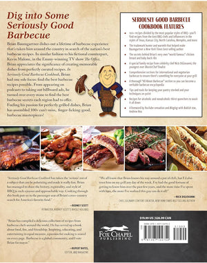 Back cover of Seriously Good Barbecue Cookbook featuring barbecue dishes, author cartoon, and reviews.