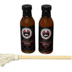 Chef Ray Sheehan Memphis Mop BBQ sauce bottles with mop brush for barbecue grilling