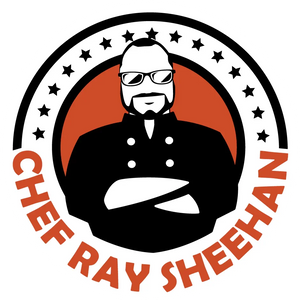 Chef Ray Sheehan logo with stylized chef figure, stars, and bold orange text