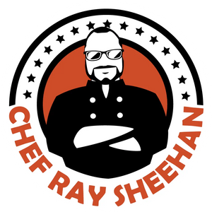 Chef Ray Sheehan logo with stylized chef figure, stars, and bold orange text