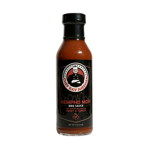 A bottle of Chef Ray Sheehan's Memphis Mop BBQ Sauce on a transparent background.