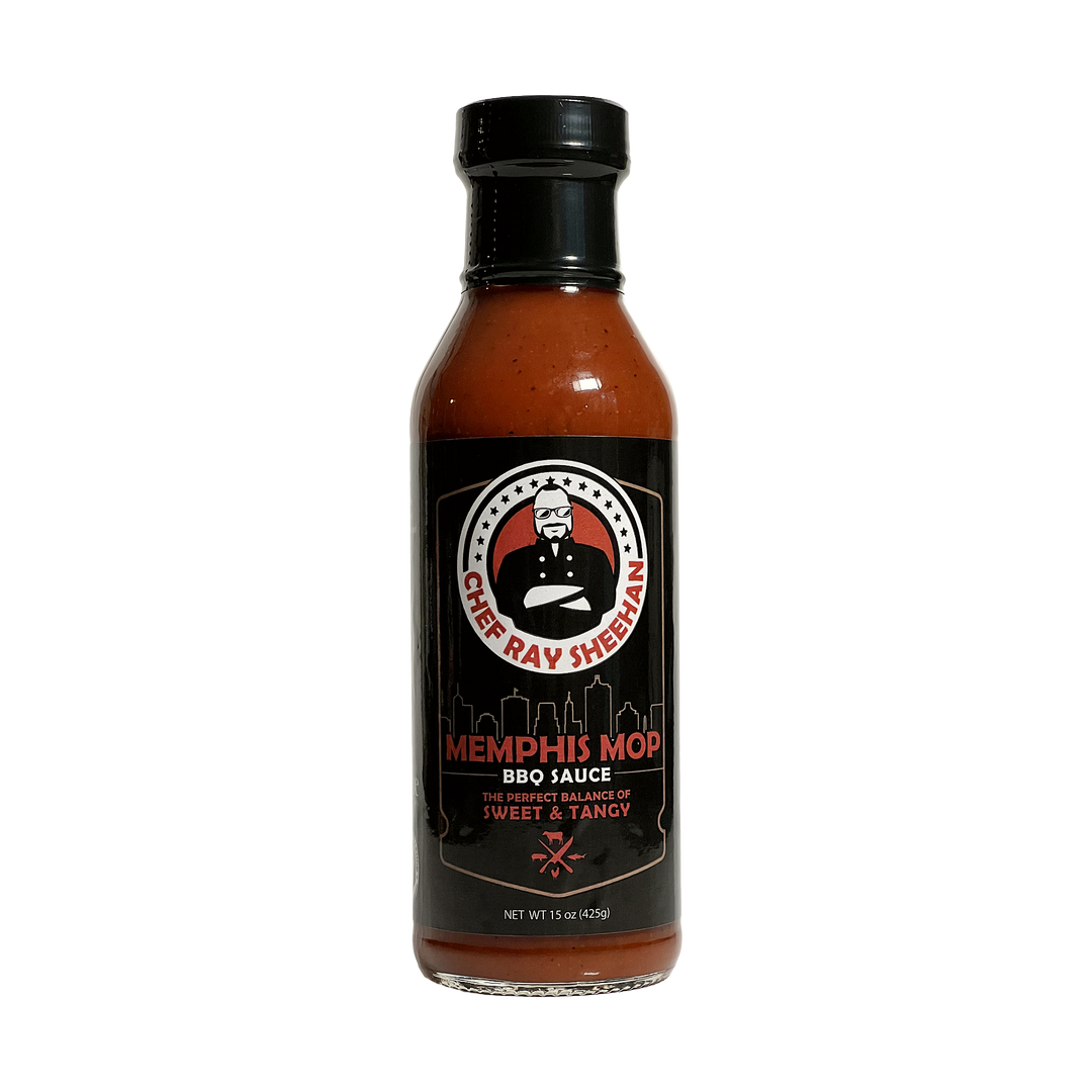 A bottle of Chef Ray Sheehan's Memphis Mop BBQ Sauce on a transparent background.